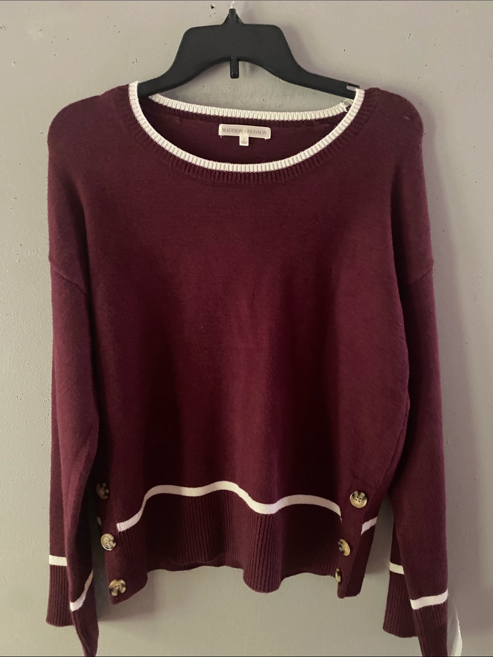 Madison & Hudson Burgundy Crewneck Sweater with White Trim